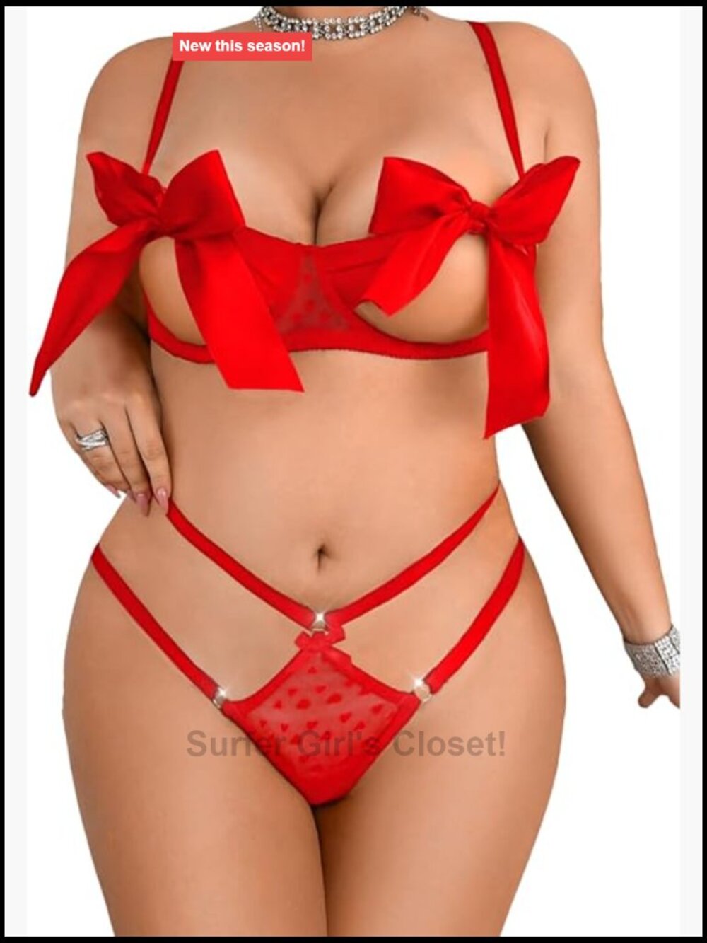 Plus Size Valentines Lingerie Set Satin Bow Bra & Panty Sheer Mesh